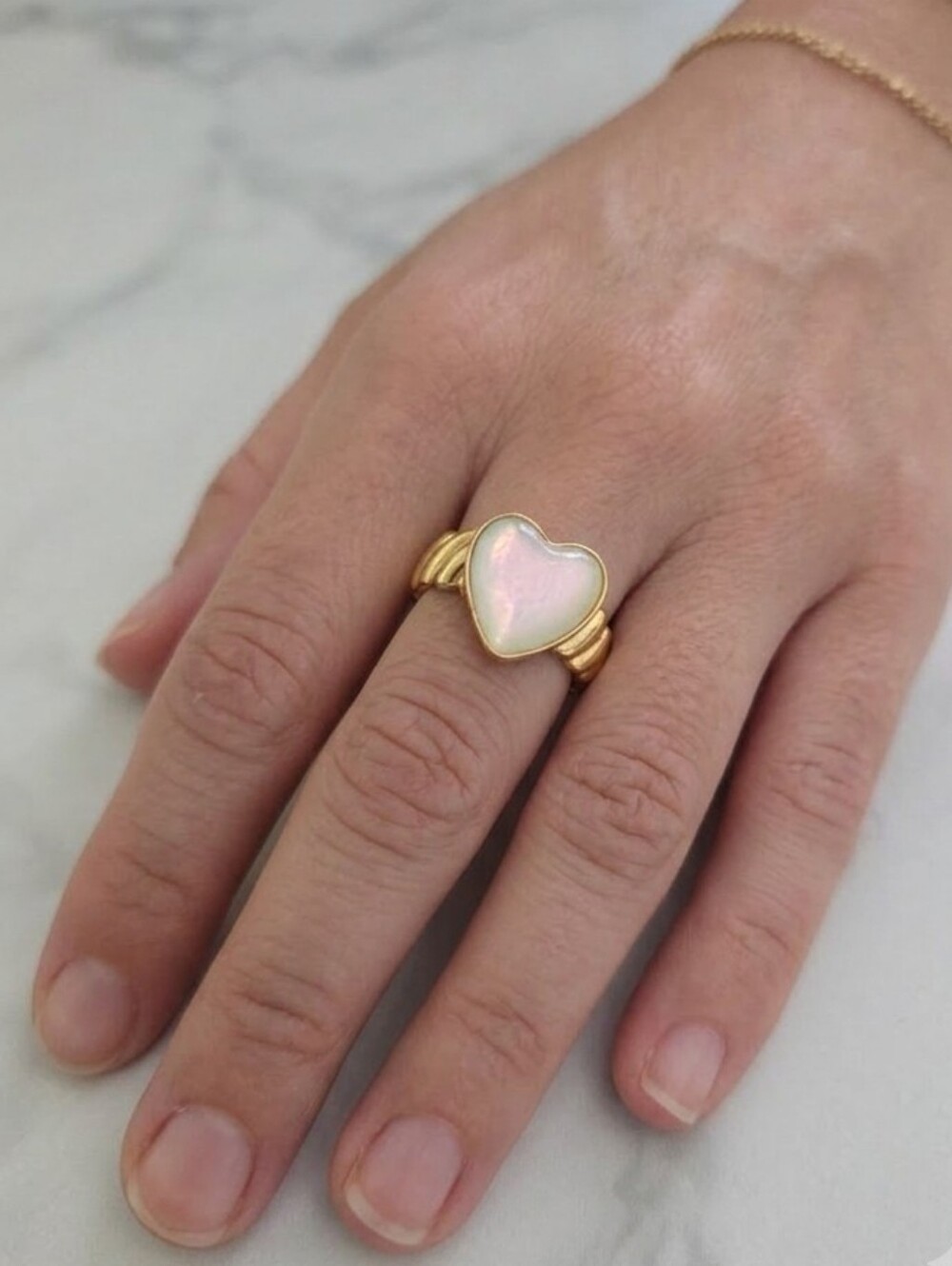 ​Gold Opal Heart Ring Adjustable Chunky Ribbed Band Heart